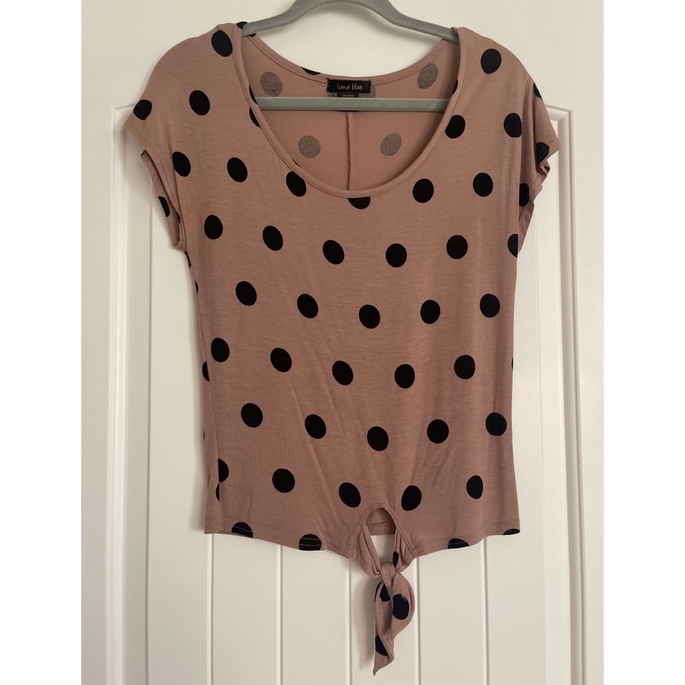Lime Blue Taupe Beige Black Polka Dot Top, Size S
